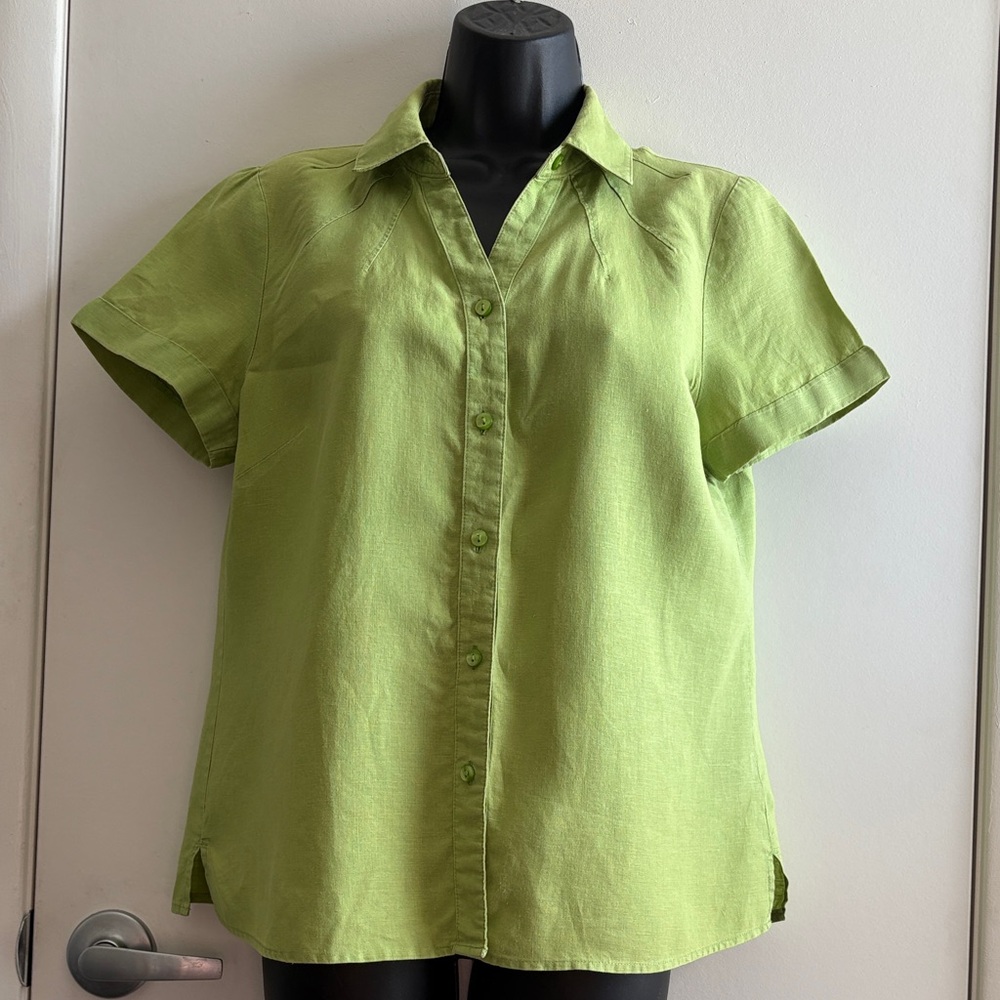 Lime Green Linen Short Sleeve Button-Up Women's Preppy Top SZ PM